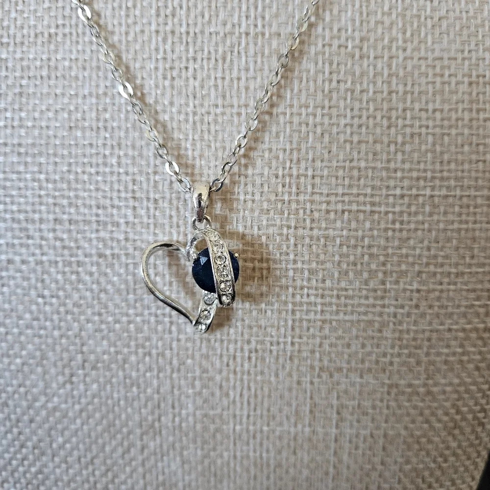 Elegant Silver Heart Pendant Necklace Royal Blue Rhinestone Women's Jewelry